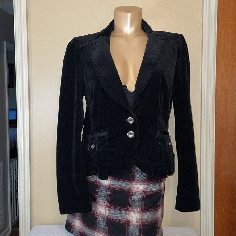 White House Black Market Black Corduroy Ruffle Back Blazer Jacket Size 14